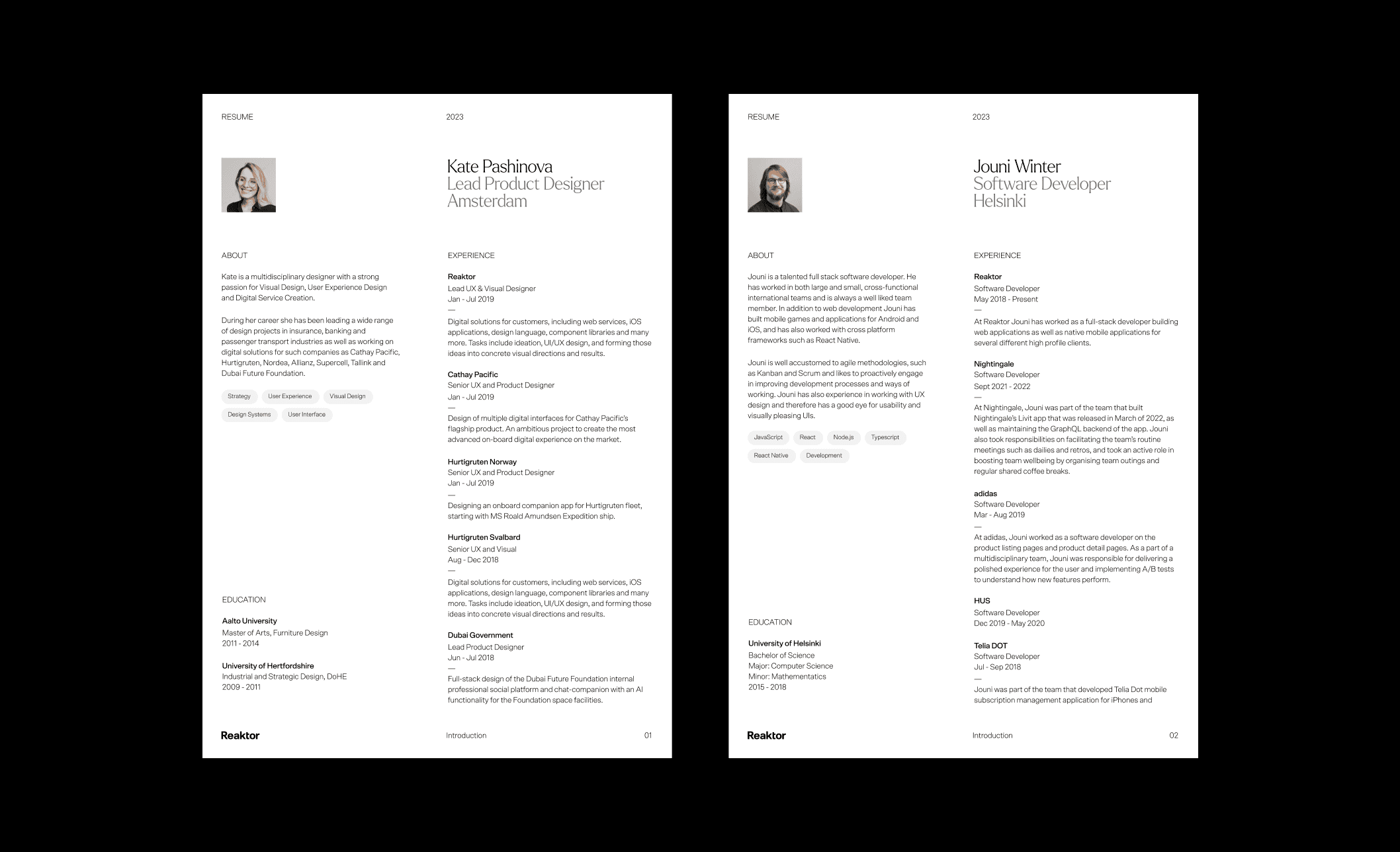 Two designs of Reaktor employee profiles