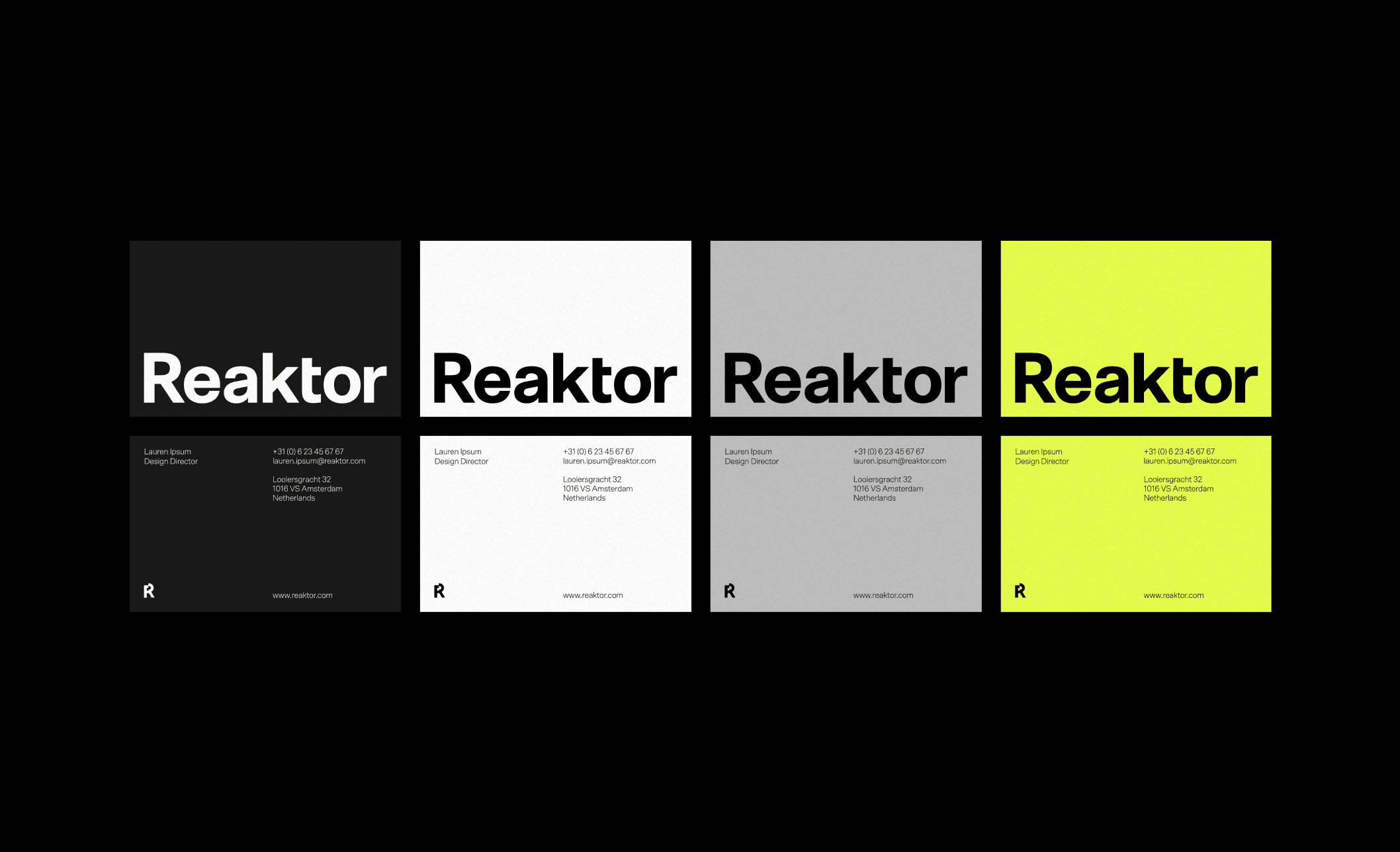 Reaktor business card designs with different background colors